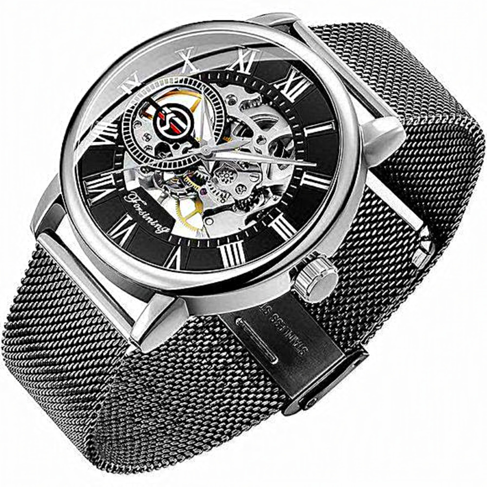 Men Black Silver Classic Roman Numeral‎ Steampunk Mechanical Watch